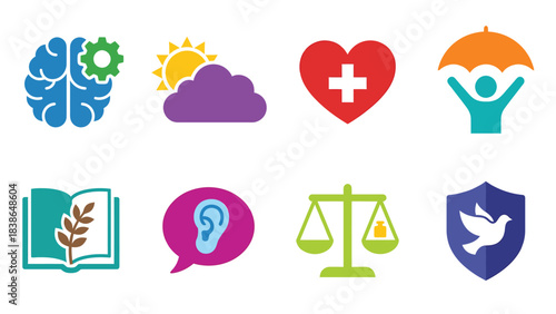 Set of Diverse Icons Representing Various Life Concepts Health Safety Knowledge Rights and Wellbeing