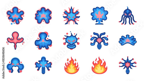 Collection of diverse abstract creatures, microbial forms, and vibrant fire flame icons set vector