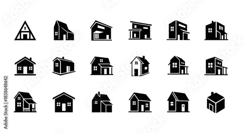 Collection of diverse black house icons representing various residential buildings and