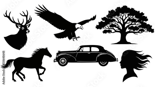 Collection of diverse black silhouettes featuring animals, vehicle, tree, and human profile