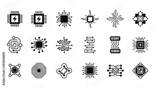 Collection of diverse microchip and circuit board icons representing digital technology and data
