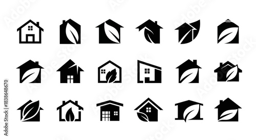 Collection of diverse minimalist house and green leaf logo designs for eco-friendly real estate
