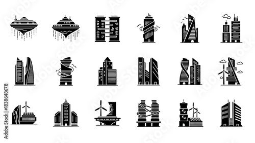 Collection of diverse modern and futuristic city architecture icons showcasing urban development
