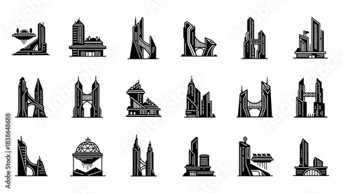 Collection of diverse futuristic city skyline elements and modern architectural icons