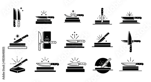 Collection of Knife Sharpening and Kitchen Knife Icons Illustrating Precision and Culinary Edge