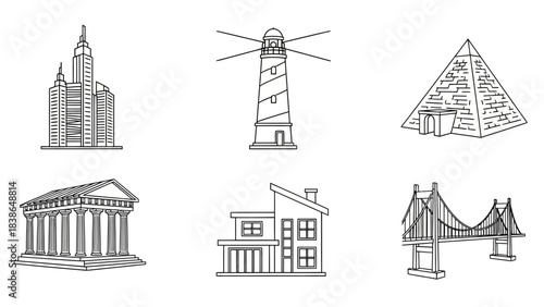 Collection of iconic global landmarks and architectural styles in a minimalist line art design