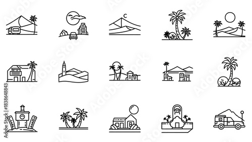 Collection of minimalist outline icons representing diverse travel destinations and adventure scenes