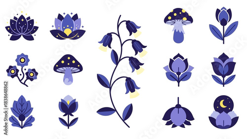 Collection of mystical floral and fungi vector icons in serene blue and purple tones with magical