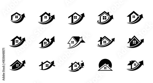 Collection of real estate growth logos and upward property investment symbols for housing market