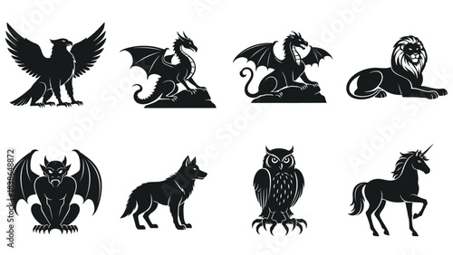 Collection of mythical and fantastical creature silhouettes on a white background