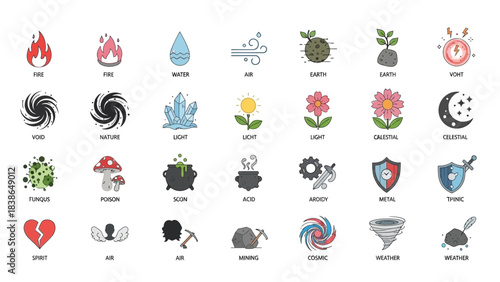 Colorful flat icon set of fantasy game elements including fire water earth light void and nature