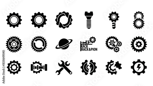 Comprehensive collection of black and white mechanical and engineering icons for various design