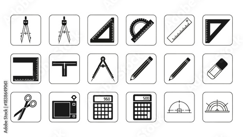 Comprehensive collection of black and white vector icons featuring essential school office and