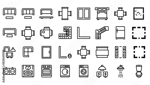 Comprehensive icon set illustrating essential household furniture and appliances for interior