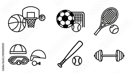 Diverse black and white outline sport and fitness equipment icons collection representing various