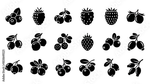 Diverse collection of black silhouette berry icons featuring natural fruits like blueberries