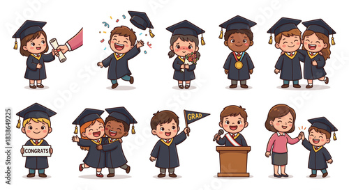 Kindergarten graduation vector set of cute cartoon kids. Diverse preschool students in gowns and caps celebrating, holding diplomas, hugging, throwing hats and teacher