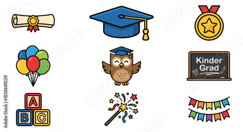 A vibrant collection of kindergarten graduation icons, including a diploma, cap, medal, balloons, owl, chalkboard, blocks, wand, and bunting.