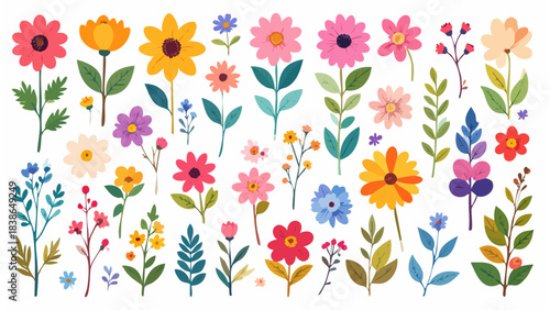 Variété de fleurs stylisées aux tons vifs et feuillages divers sur fond blanc. Généré par IA.
