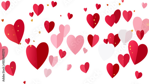 Pluie de cœurs rouges et roses sur fond blanc, ambiance romantique et festive. Généré par IA.
