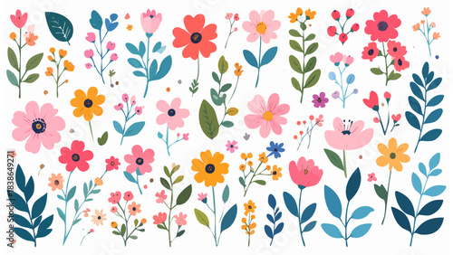 Collection florale vive avec feuillages bleus et pétales multicolores sur fond blanc. Généré par IA.
