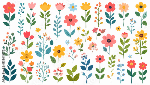 Ensemble de fleurs et feuilles colorées sur fond blanc, ambiance printanière décorative. Généré par IA.
