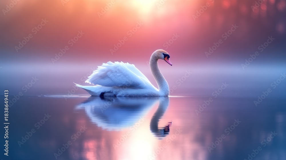 Obraz premium Swan reflecting in tranquil sunrise water