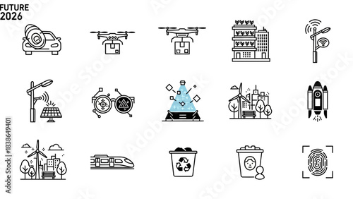 Future 2026: Modern Technology and Smart City Line Icons for Sustainable Living and Innovation