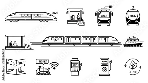 Future transportation systems and smart city technology icons for modern urban development and