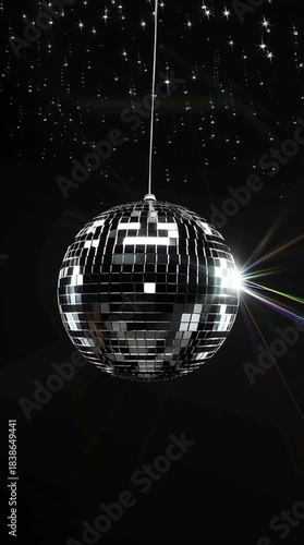 Shiny disco ball reflecting light on black background