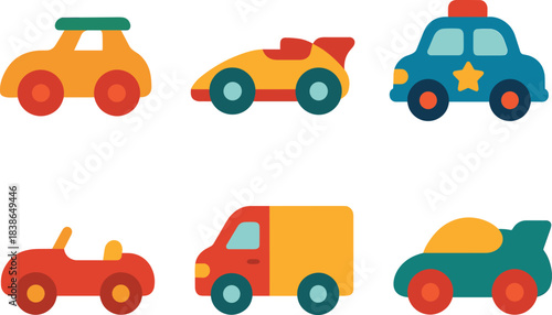 Transportation flat icon set. featuring car, taxi, truck, racecar, police car, convertible.