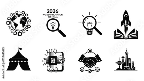 Global Innovation and Technology Icons Vector Set for Business, Education, and Collaboration