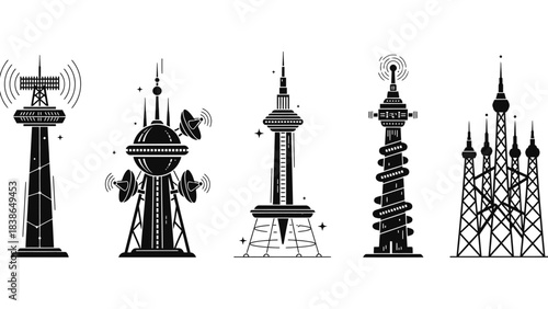 Iconic communication tower collection representing global signal broadcasting technology