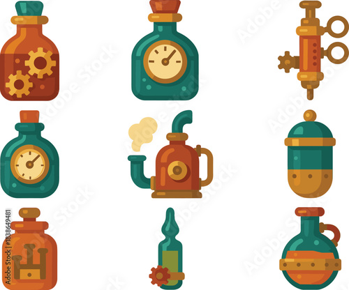 Steampunk flat icon set. featuring bottles, clocks, gears, syringes, steam machines, and containers