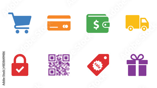 E commerce and Online Shopping Icons Set Cart Payment Delivery Security and Gifts
