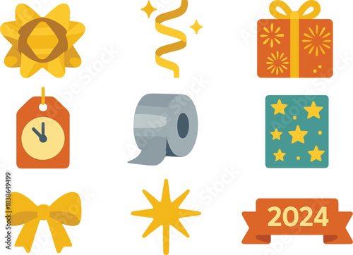 Festive items flat icon set. featuring ribbon, gift, tags, decorations, stars, bow, and 2024 banner