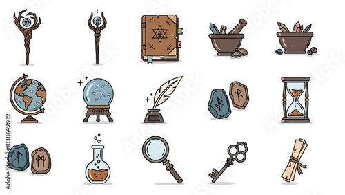 Mystical magic and alchemy icon collection with ancient symbols and fantasy elements perfect for