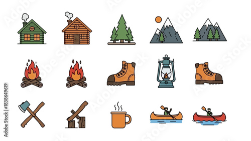 Outdoor adventure and camping essentials icon set for wilderness exploration and leisure activities