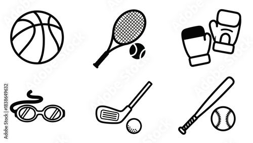 Outline vector icons illustrating a variety of sports equipment and athletic gear