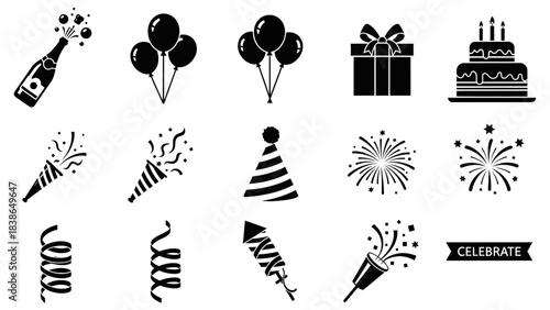 Party celebration essentials icon set featuring balloons cake fireworks and champagne for festive