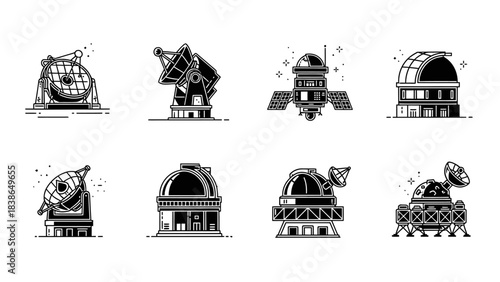 Set of astronomical instruments and observatories in a minimalist outline style representing space