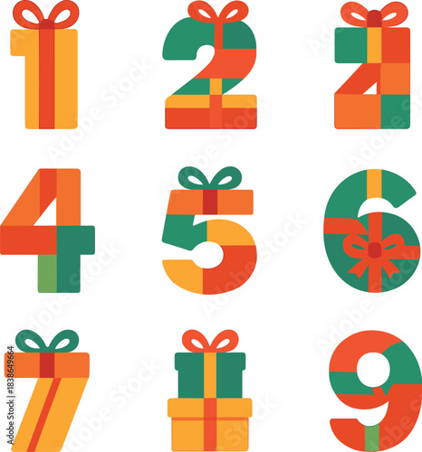 Gift-themed flat icon set. featuring numbers one to nine and a gift box