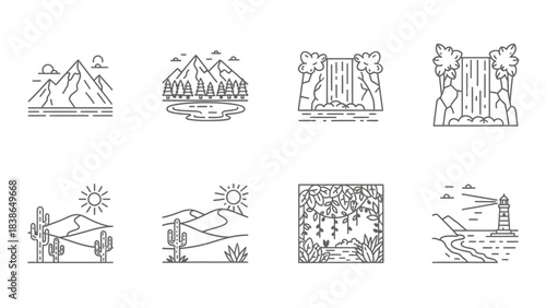 Set of simple line art icons representing diverse natural landscapes and scenes