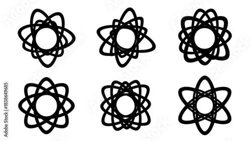 Set of six distinct abstract black and white atomic or orbital geometric symbols illustration