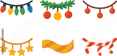 Holiday decoration flat icon set. featuring lights, garland, baubles, stars, ribbon, and candy canes