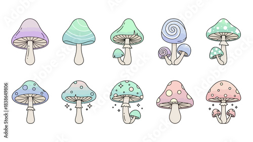 Whimsical pastel mushroom illustrations creating a charming fairytale collection for fantasy designs