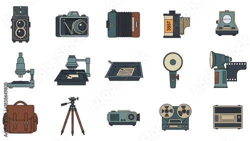 Vintage photography and film icons showcasing classic darkroom tools and cameras