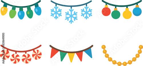 Holiday decor flat icon set. featuring lights, snowflakes, baubles, candy, flags, and garland icons