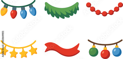 Holiday decorations flat icon set. featuring lights, garland, beads, stars, ribbon, ornaments