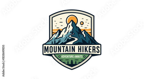 Mountain hikers adventure logo with scenic mountain landscape and sunset